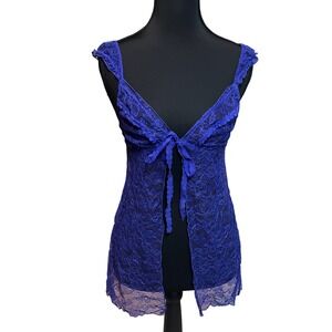 Victoria's Secret Blue Floral Lace Tie Front Babydoll Top Sheer Lingerie Sz S